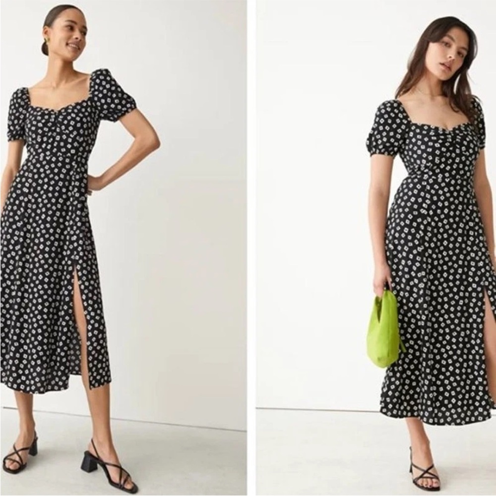 & Other Stories Flowy Black and White Puff Sleeve Midi Dress
